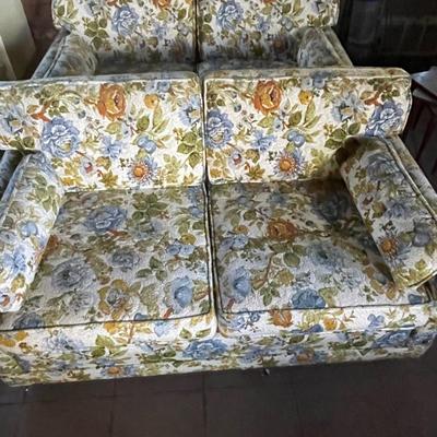 2 Mid Century Loveseats Blue, Green, and Gold Floral Pattern MCM - PICKUP OFFSITE IN BREA, CA