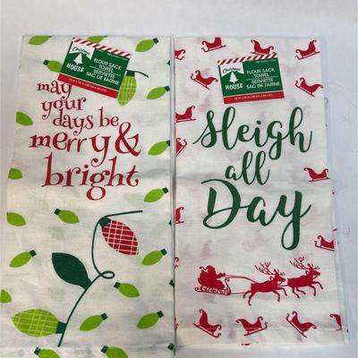 2 New with Tags Flour Sack Tea Towels Santa's Sleigh & Merry / Bright