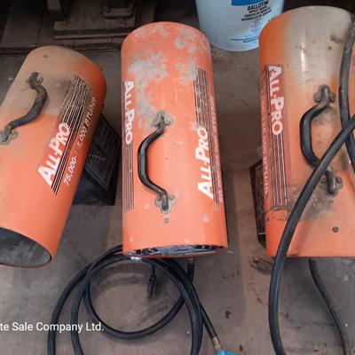 Three All pro propane force air heaters 1 working 2 for parts