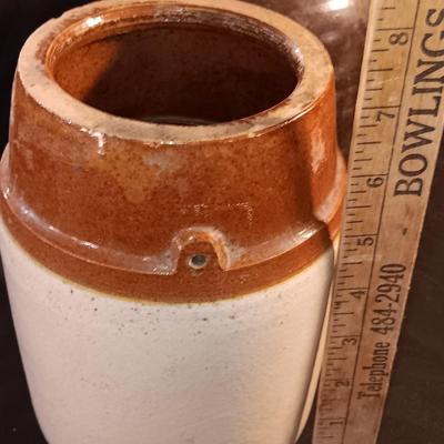 Primitive crock jug and old two-toned crock