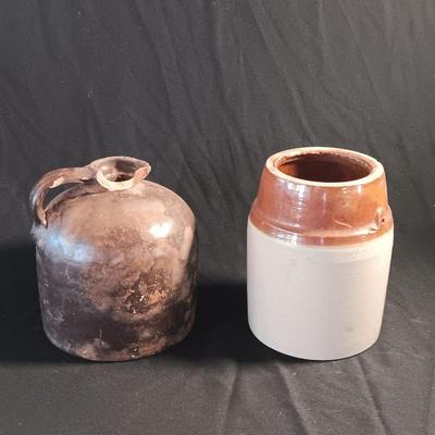 Primitive crock jug and old two-toned crock