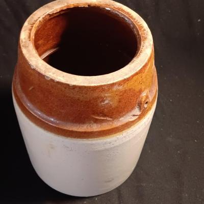 Primitive crock jug and old two-toned crock