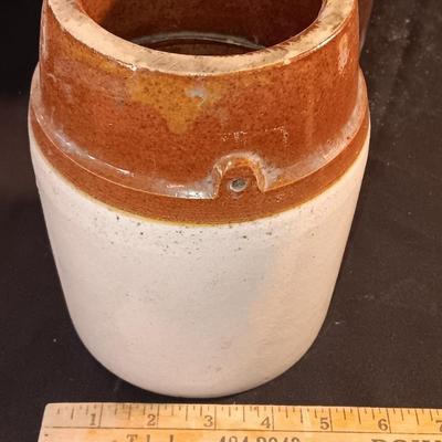 Primitive crock jug and old two-toned crock