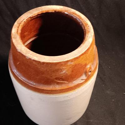 Primitive crock jug and old two-toned crock