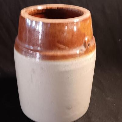 Primitive crock jug and old two-toned crock