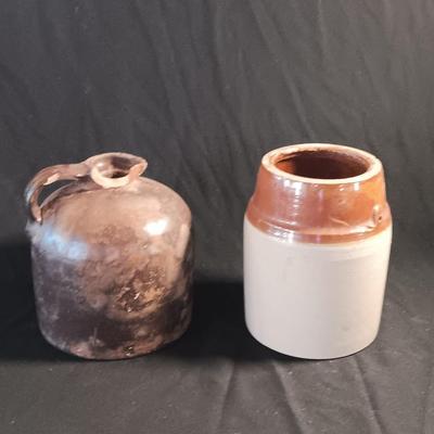 Primitive crock jug and old two-toned crock