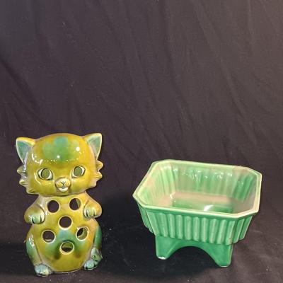 Norcrest Japan ceramic tea light lantern with a green USA 4004 marked square planter.