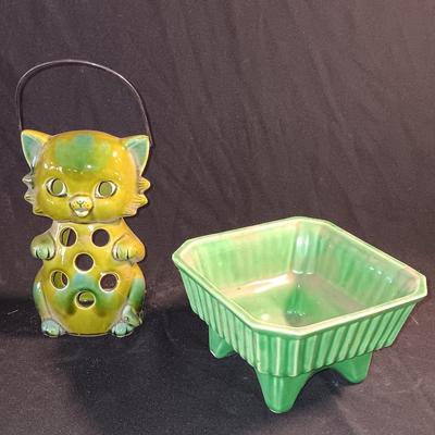 Norcrest Japan ceramic tea light lantern with a green USA 4004 marked square planter.