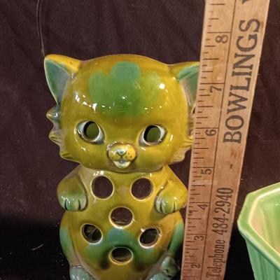 Norcrest Japan ceramic tea light lantern with a green USA 4004 marked square planter.