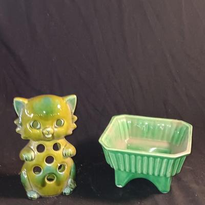 Norcrest Japan ceramic tea light lantern with a green USA 4004 marked square planter.