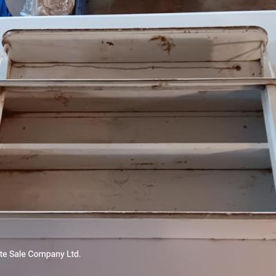 Vintage enamel / tin wall hanging spice shelf.