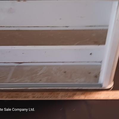 Vintage enamel / tin wall hanging spice shelf.