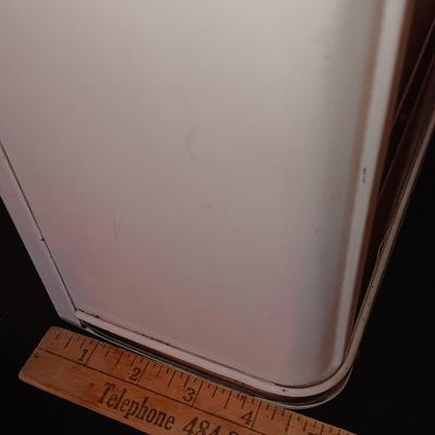 Vintage enamel / tin wall hanging spice shelf.