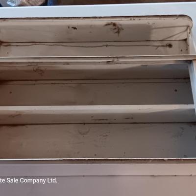 Vintage enamel / tin wall hanging spice shelf.