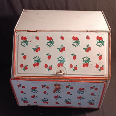 Old tin / enamel strawberry print bread box