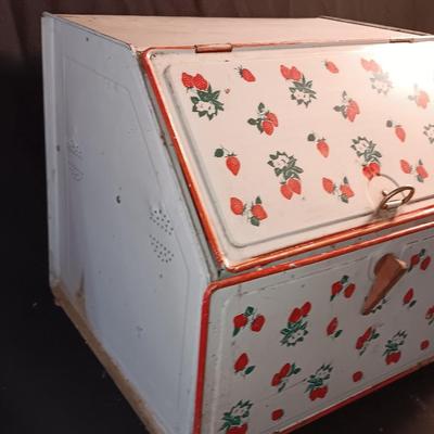 Old tin / enamel strawberry print bread box