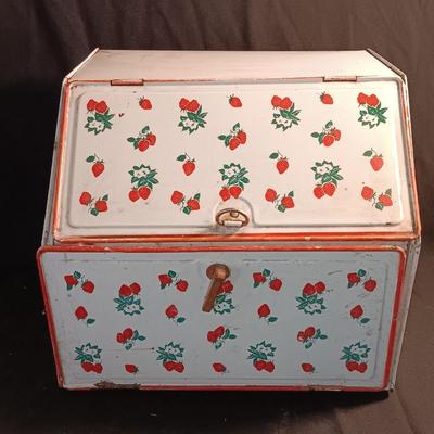 Old tin / enamel strawberry print bread box