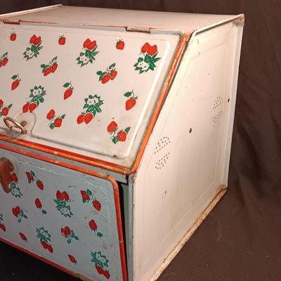 Old tin / enamel strawberry print bread box