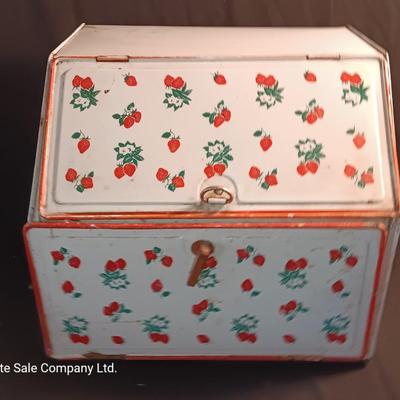 Old tin / enamel strawberry print bread box