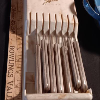 Blue enamelware dish with a set of vintage Zylco Freeze knives in a hanging bakelite case
