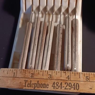 Blue enamelware dish with a set of vintage Zylco Freeze knives in a hanging bakelite case