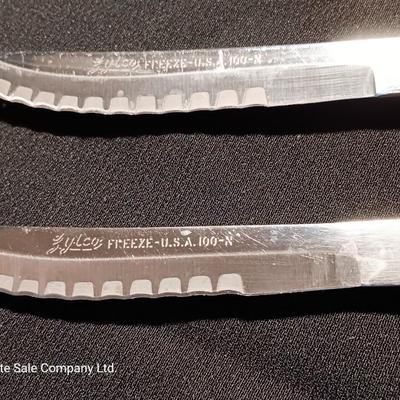 Blue enamelware dish with a set of vintage Zylco Freeze knives in a hanging bakelite case