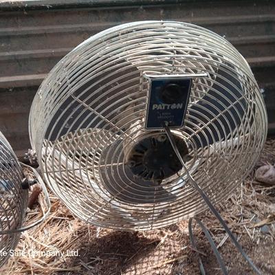 Two metal guard steel framed free standing electric fans