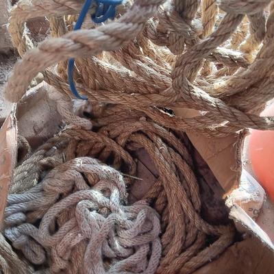4 orange traffic cones and an assorment of different sized rope