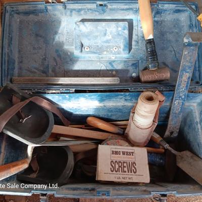 Blue plastic toolbox with an assortment of tools