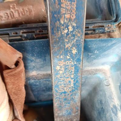 Blue plastic toolbox with an assortment of tools