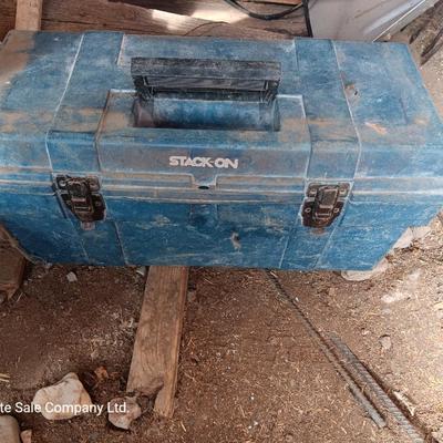 Blue plastic toolbox with an assortment of tools