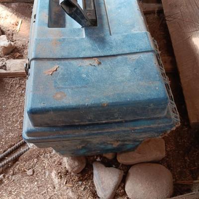 Blue plastic toolbox with an assortment of tools