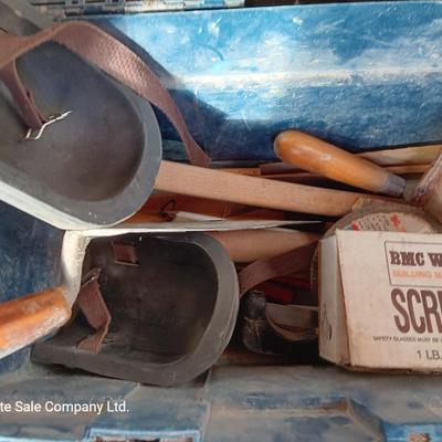 Blue plastic toolbox with an assortment of tools
