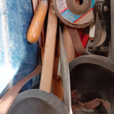 Blue plastic toolbox with an assortment of tools