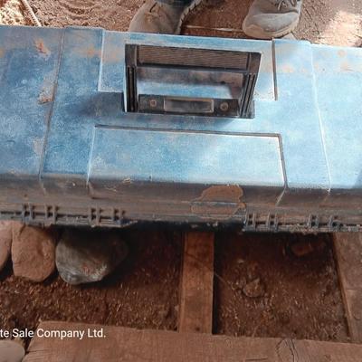 Blue plastic toolbox with an assortment of tools