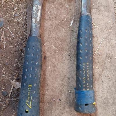 Four Ewing hand tools - hatchet - rock pick - sledgehammer - hammer