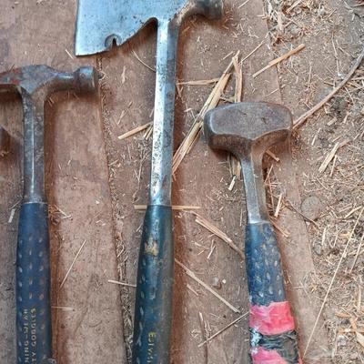 Four Ewing hand tools - hatchet - rock pick - sledgehammer - hammer