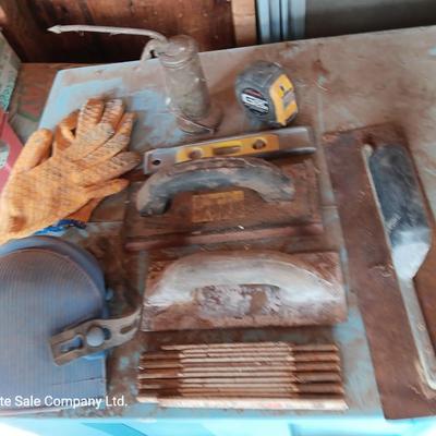Assortment of tools - cement trowels - oil can - tape measure and more