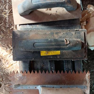 Assortment of tools - cement trowels - oil can - tape measure and more