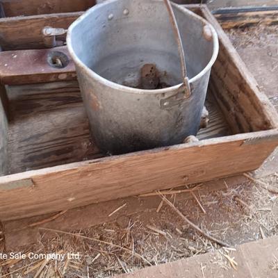 Old metal bucket - Wooden box - antique wooden levels and a handled hay hook