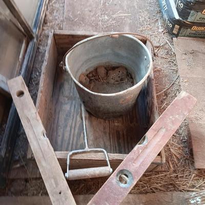 Old metal bucket - Wooden box - antique wooden levels and a handled hay hook