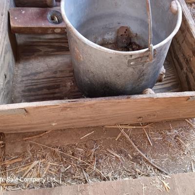 Old metal bucket - Wooden box - antique wooden levels and a handled hay hook