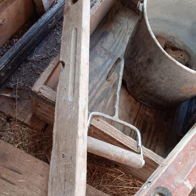 Old metal bucket - Wooden box - antique wooden levels and a handled hay hook