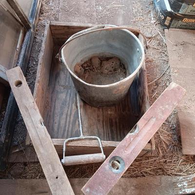 Old metal bucket - Wooden box - antique wooden levels and a handled hay hook