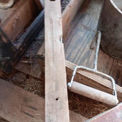 Old metal bucket - Wooden box - antique wooden levels and a handled hay hook