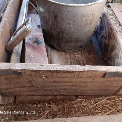 Old metal bucket - Wooden box - antique wooden levels and a handled hay hook