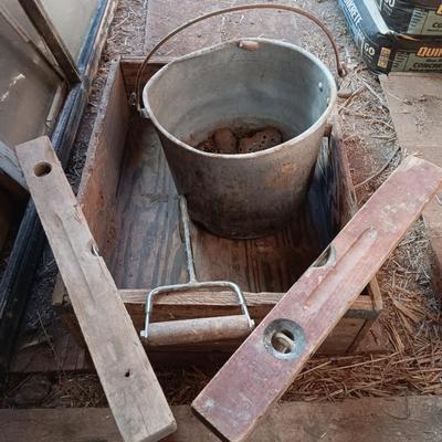 Old metal bucket - Wooden box - antique wooden levels and a handled hay hook