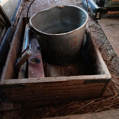 Old metal bucket - Wooden box - antique wooden levels and a handled hay hook