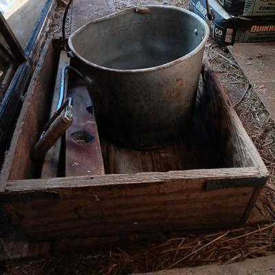 Old metal bucket - Wooden box - antique wooden levels and a handled hay hook