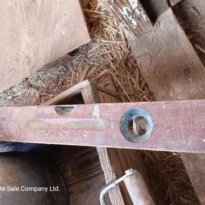 Old metal bucket - Wooden box - antique wooden levels and a handled hay hook